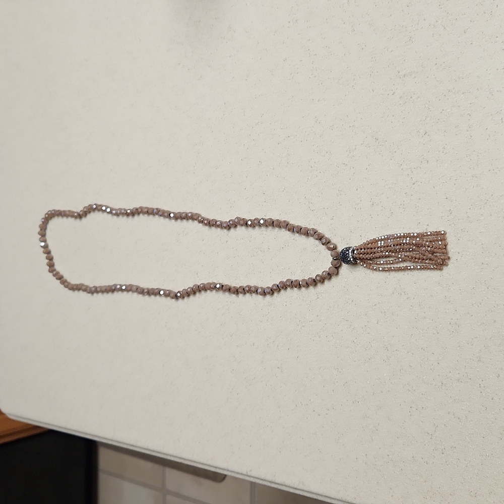Tan/Silver Sparkly Women's Long Tassel Necklace, EUC
